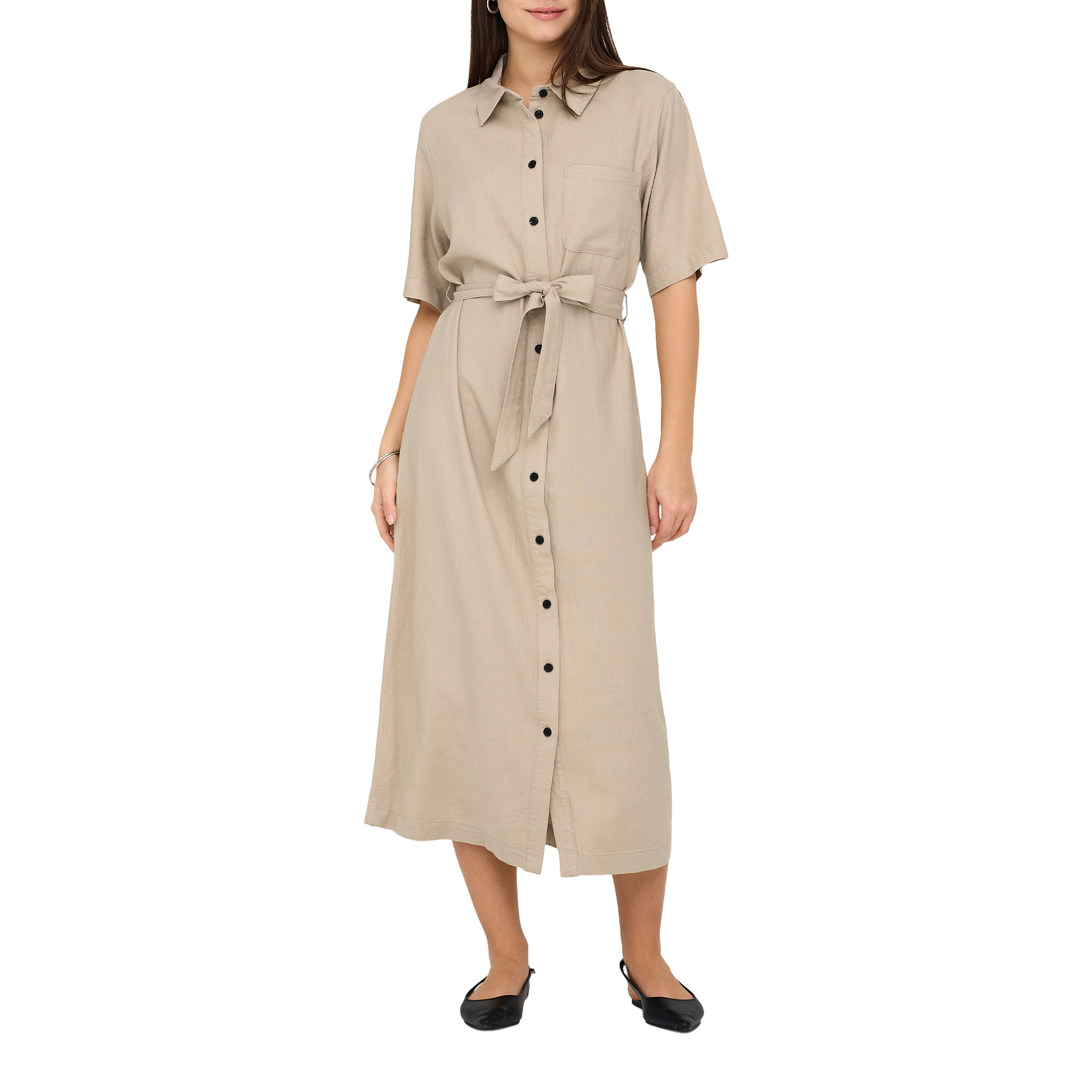 Only Onlcaro S/s Linen Bl Belt Dress Cc Pnt Oxford Tan