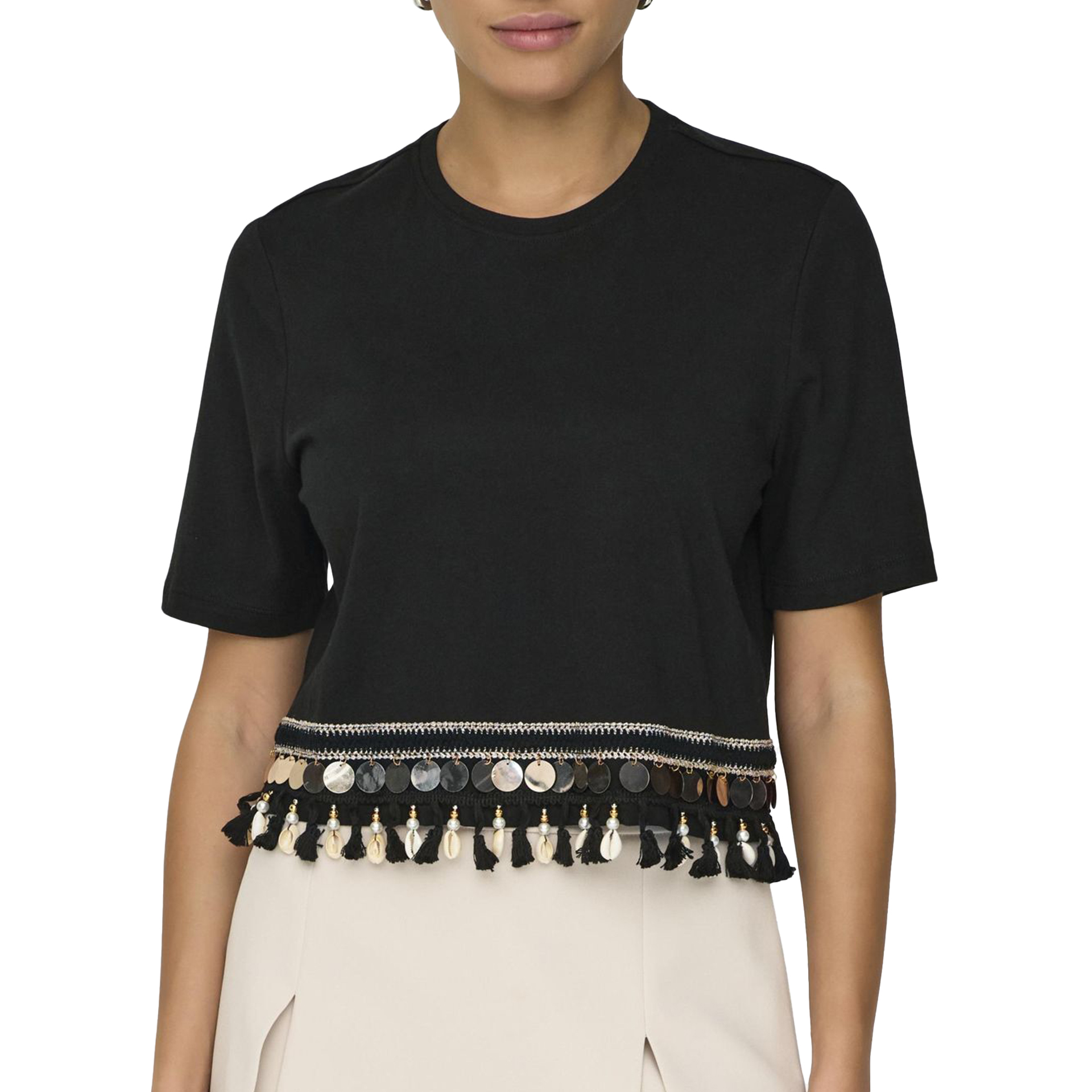 Only Onlfilippa Life S/s Tassel Top Jrs Black Black Tape + Gold Sequins