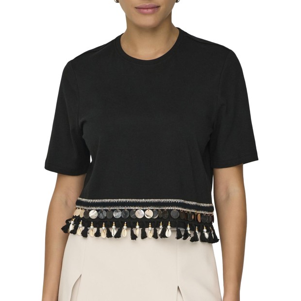 Only Onlfilippa Life S/s Tassel Top Jrs Black Black Tape + Gold Sequins