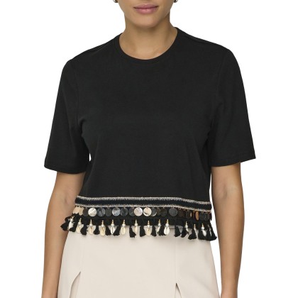 Only Onlfilippa Life S/s Tassel Top Jrs Black Black Tape + Gold Sequins