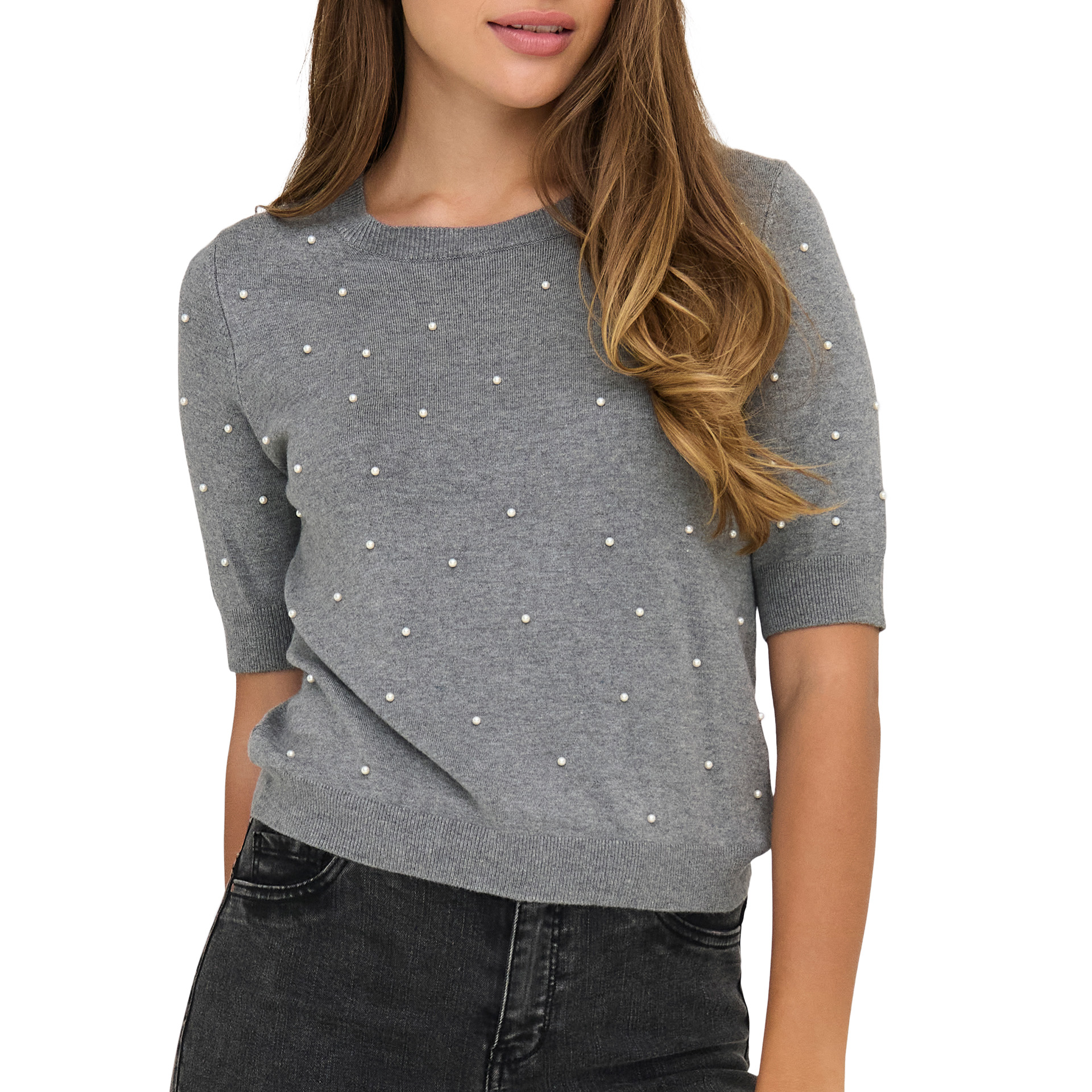 Only  Camisola Venice Life Ss Pearl O-Neck Knt Light Grey