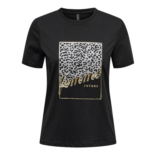 Only  T-Shirt Tanya Life Reg  Leo Print Top Jrs Black
