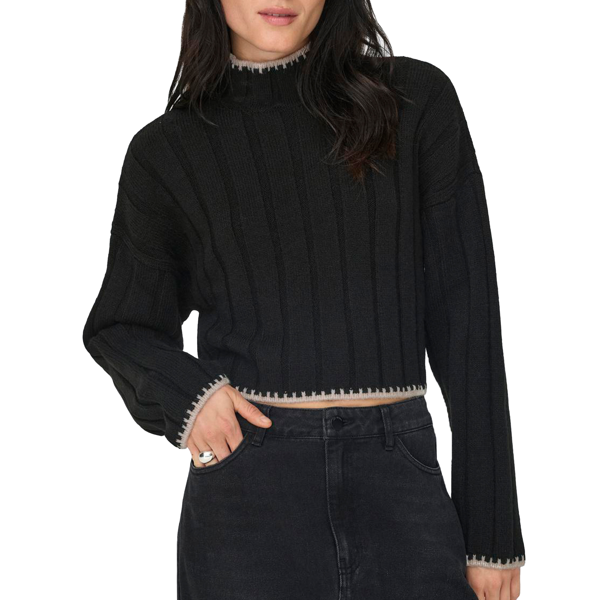 Only Onlchick Stitch Ls Highneck Knt Noos Black