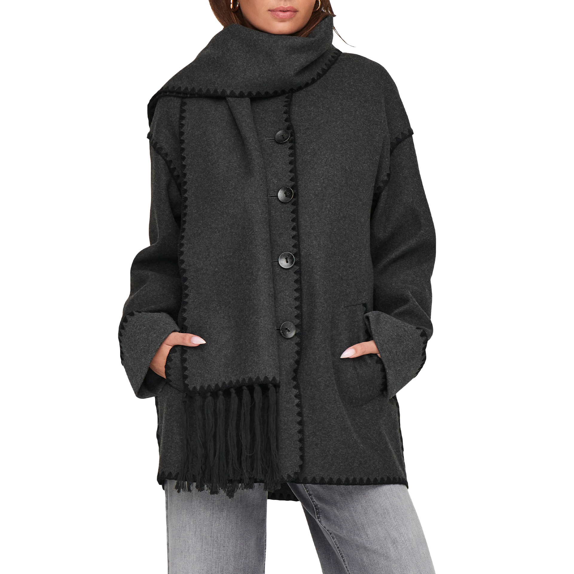 Only Onlelba Life Scallop Edge Scarf Coat Otw Darkgreymelange