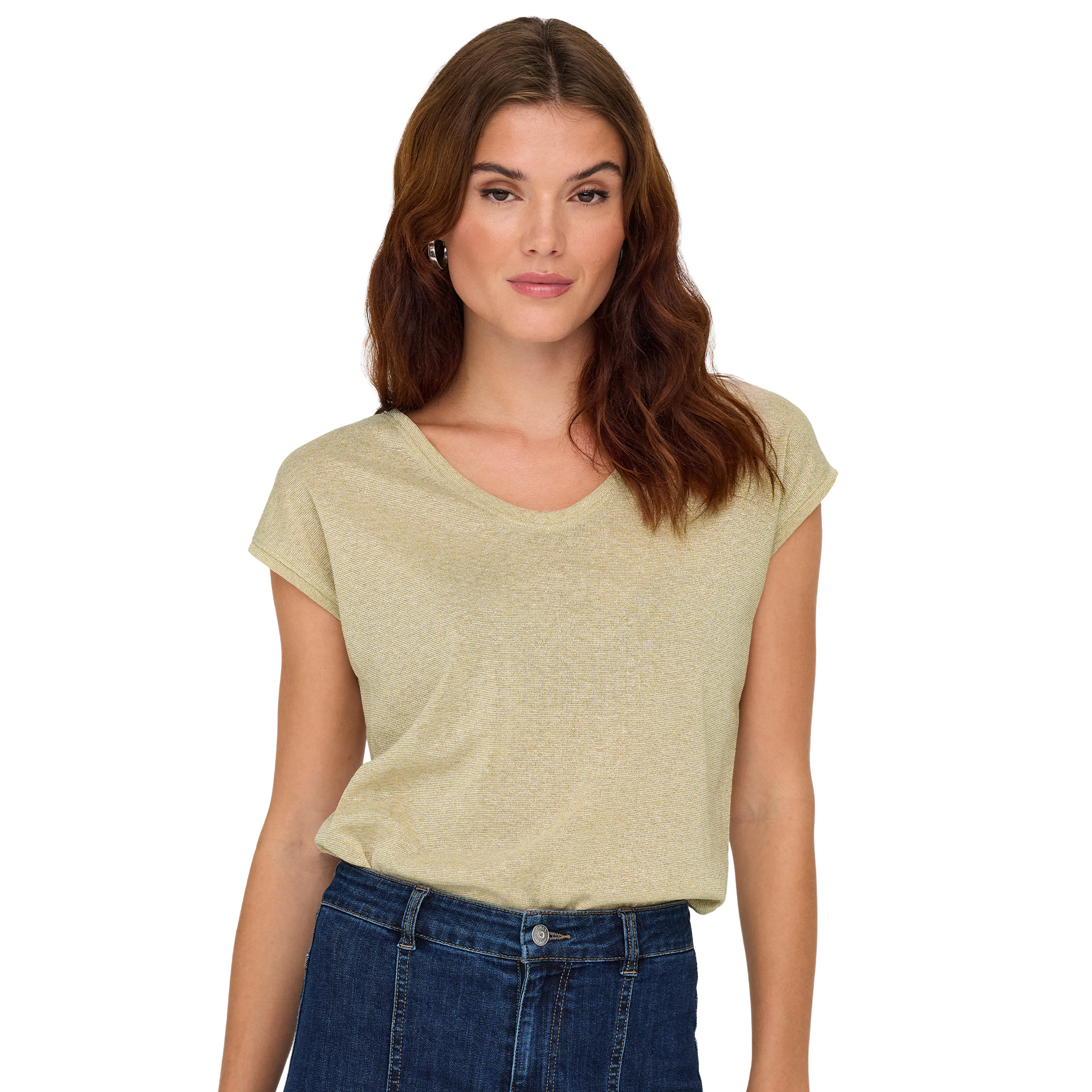 Only T-shirt Silvery V Neck Lurex Gold Colour
