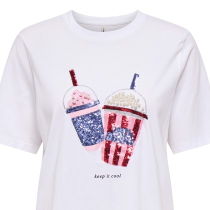 Only Top T-shirt Burst Life Popcorn Bright White Keep It Cool