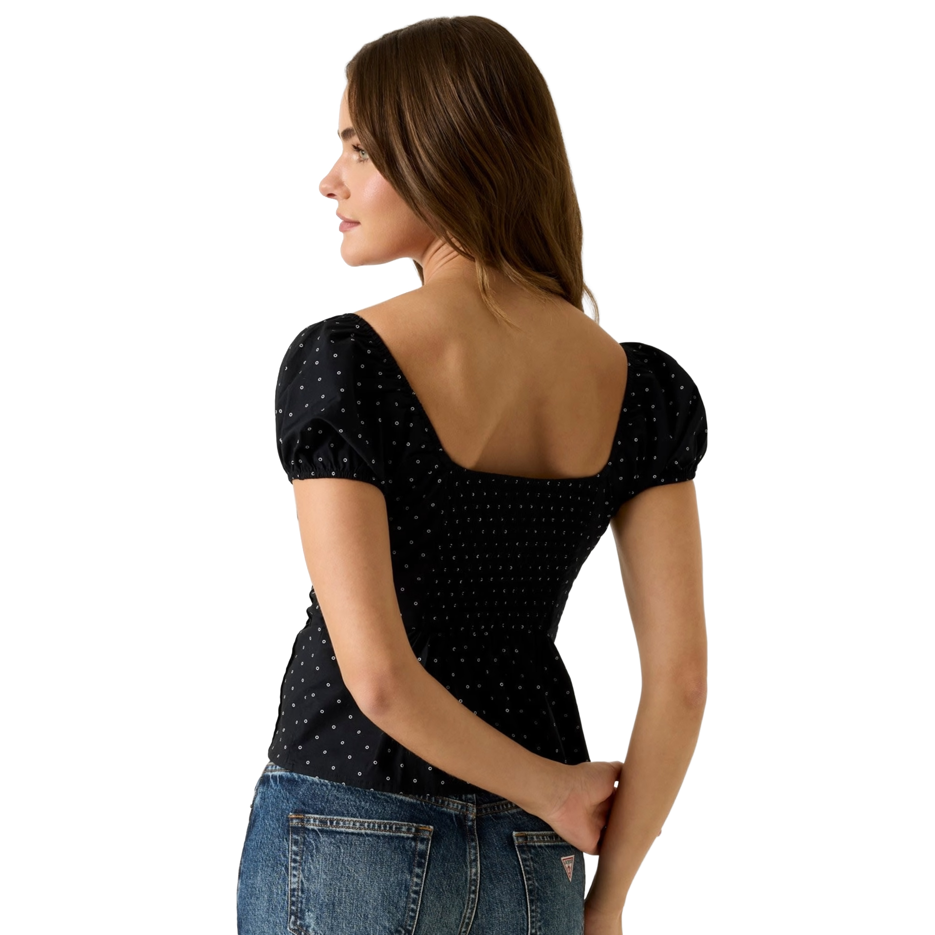 Guess Blusa Pleated Button Up White Polka Dots