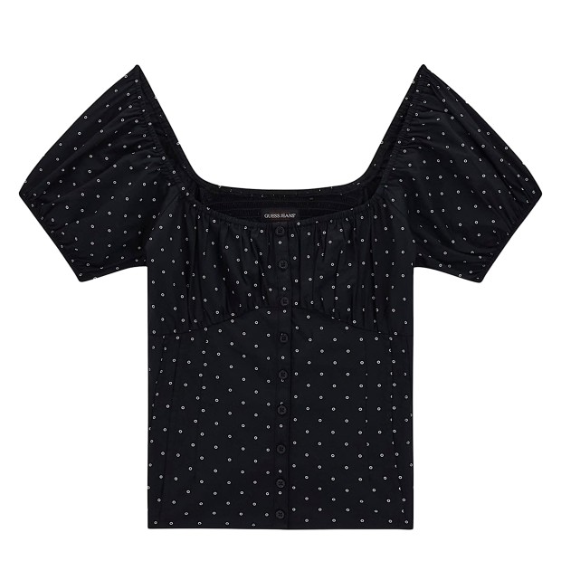 Guess Blusa Pleated Button Up White Polka Dots