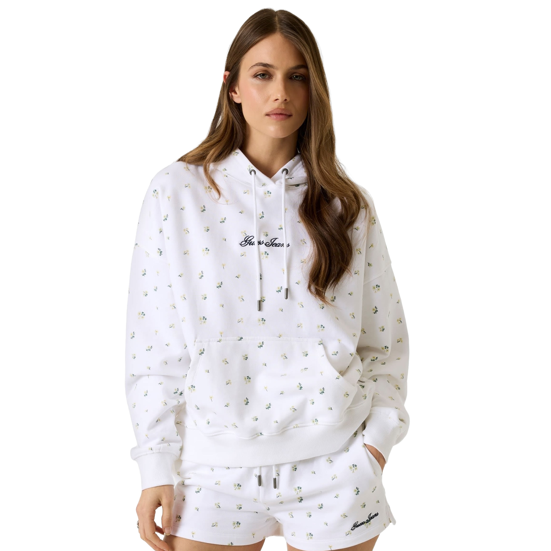 Guess Sweat Over Hood Printed White Floral Multi