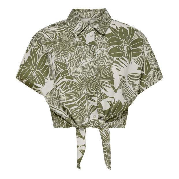 Only Camisa Jakiri Linen Knot Cloud Dancer Green Tropical