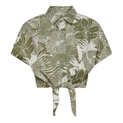 Only Camisa Jakiri Linen Knot Cloud Dancer Green Tropical