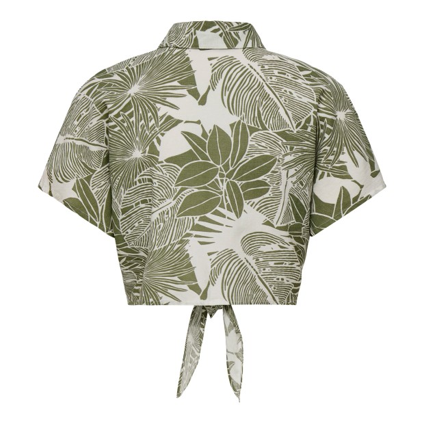 Only Camisa Jakiri Linen Knot Cloud Dancer Green Tropical