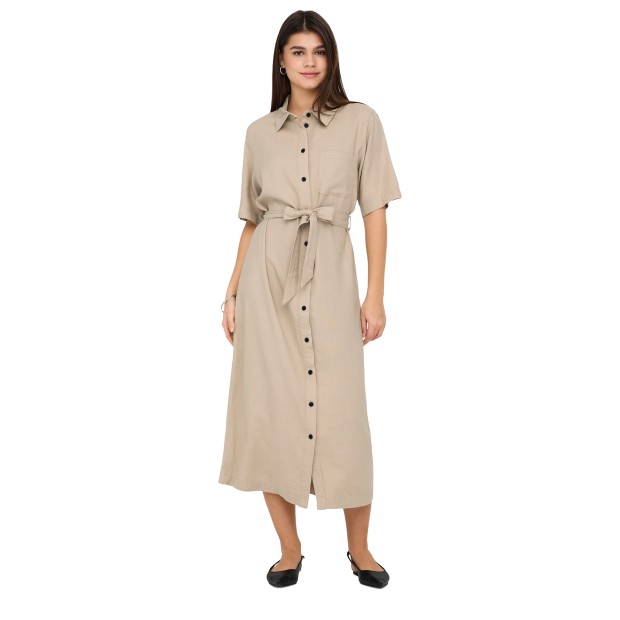 Only Onlcaro S/s Linen Bl Belt Dress Cc Pnt Oxford Tan