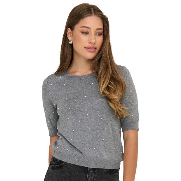 Only Camisola Venice Life Ss Pearl O-Neck Knt Light Grey