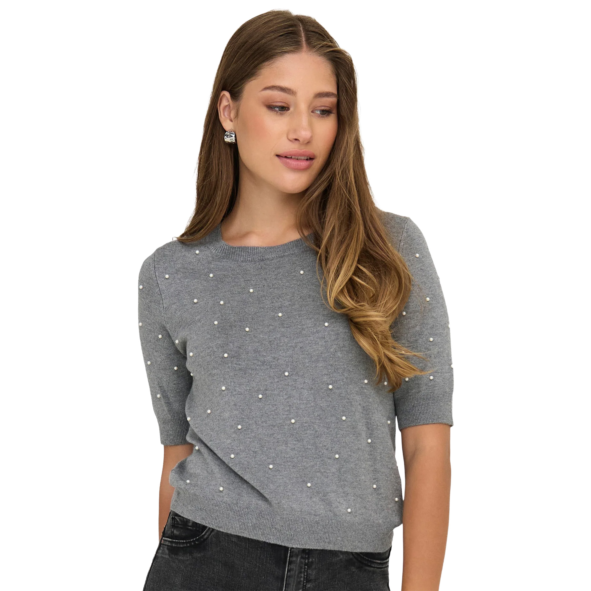 Only Camisola Venice Life Ss Pearl O-Neck Knt Light Grey