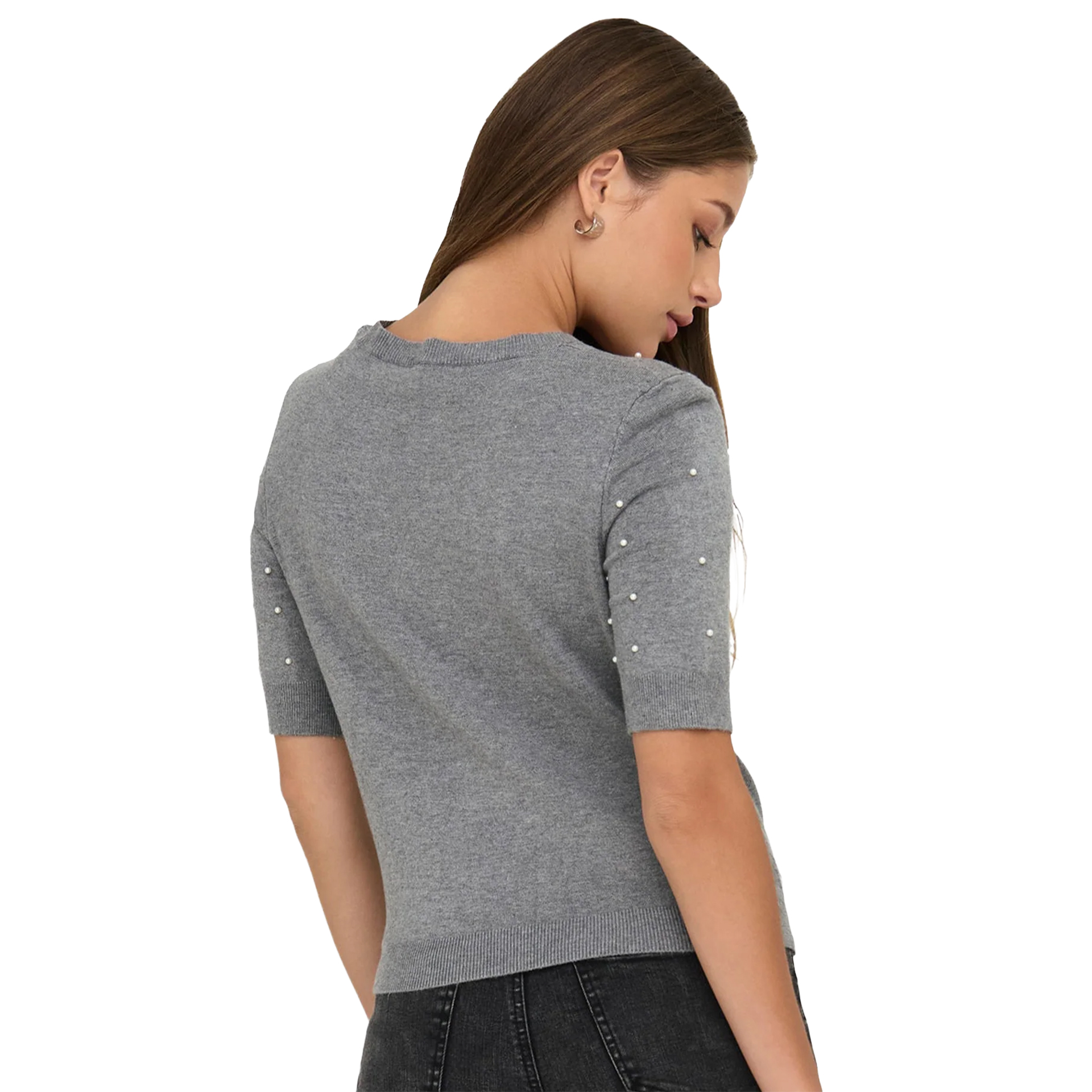 Only Camisola Venice Life Ss Pearl O-Neck Knt Light Grey