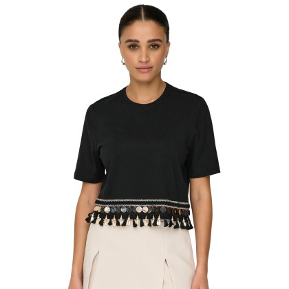 Only T-shirt Filippa Tassel Black Black Tape + Gold Sequins