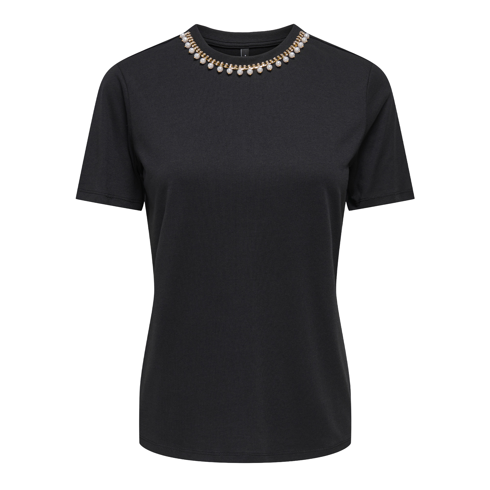 Only T-shirt Sanja O-neck Bling Top Box Black Rhinestones + Pearl Necklace