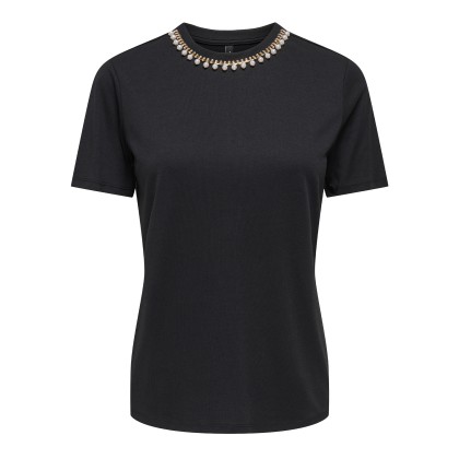 Only T-shirt Sanja O-neck Bling Top Box Black Rhinestones + Pearl Necklace