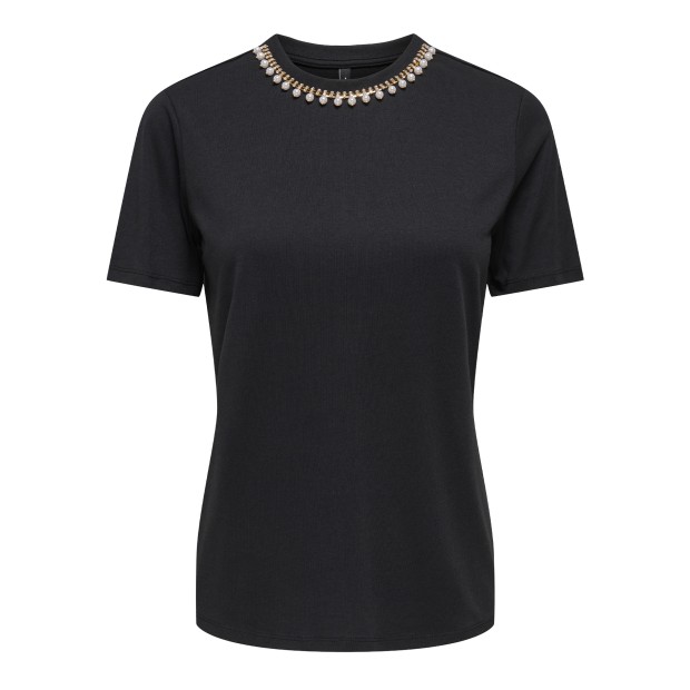 Only T-shirt Sanja O-neck Bling Top Box Black Rhinestones + Pearl Necklace