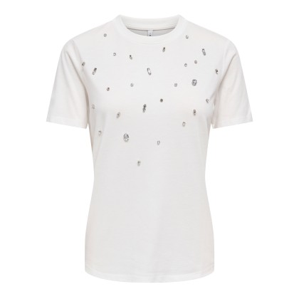 Only T-shirt Sanja O-neck Bling Top Box Cloud Dancer Mix Stones Upperpart