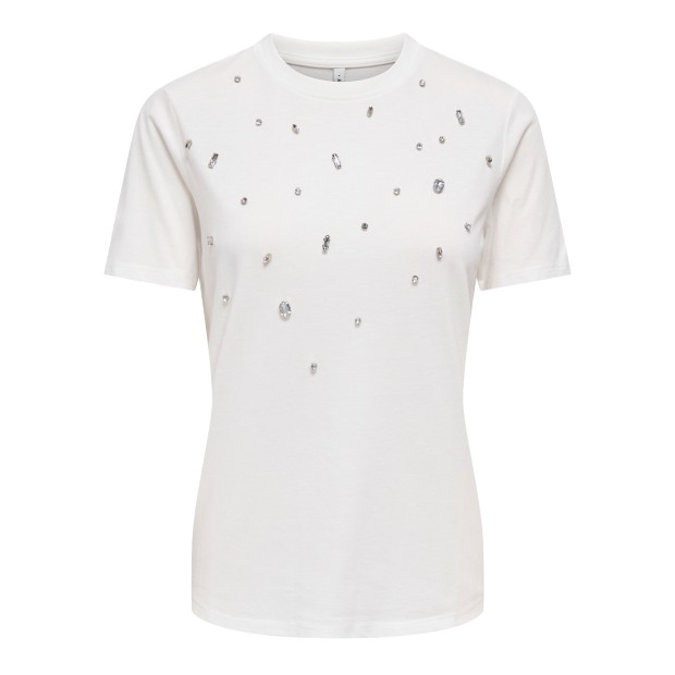 Only T-shirt Sanja O-neck Bling Top Box Cloud Dancer Mix Stones Upperpart