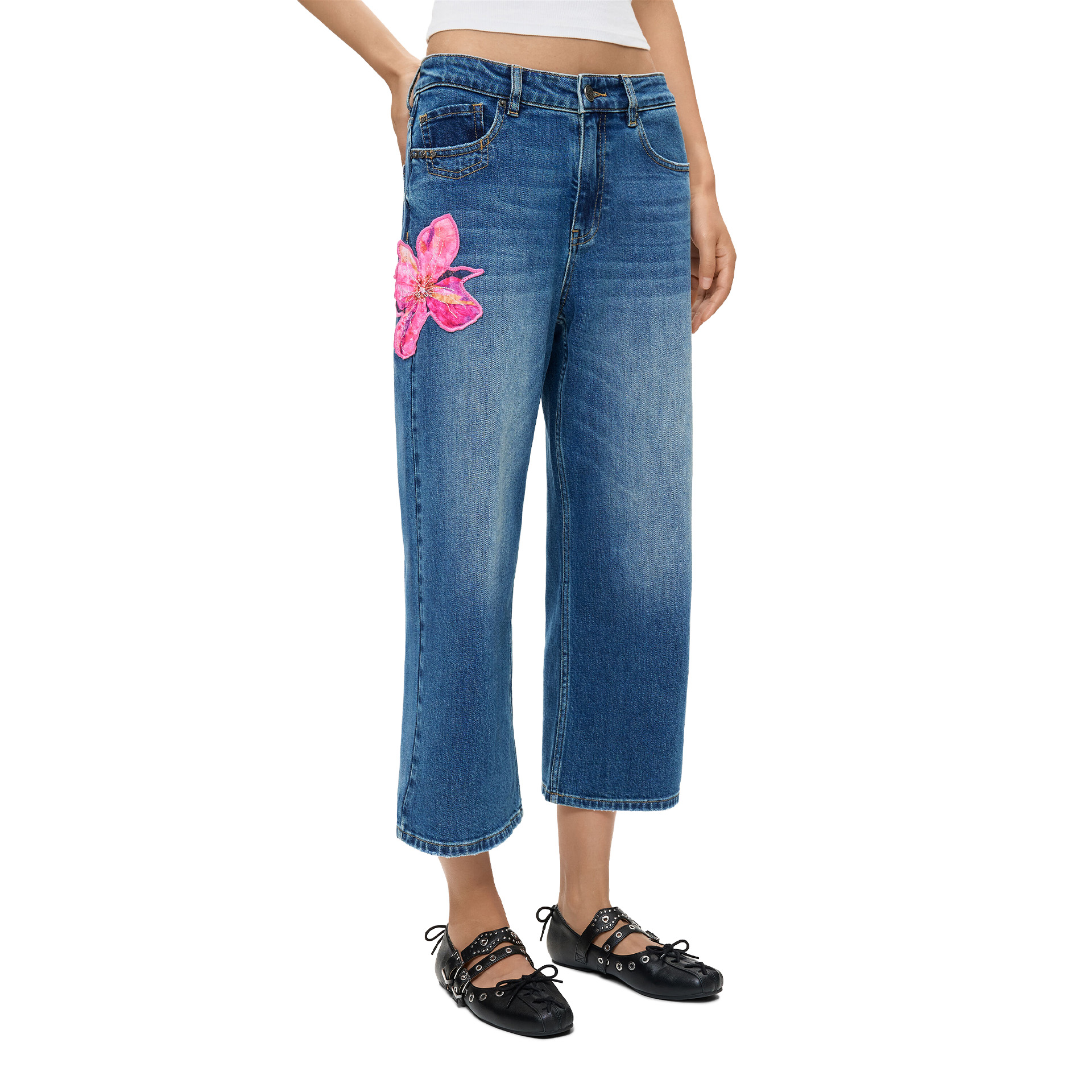 Desigual Calça Flora Denim Medium Wash