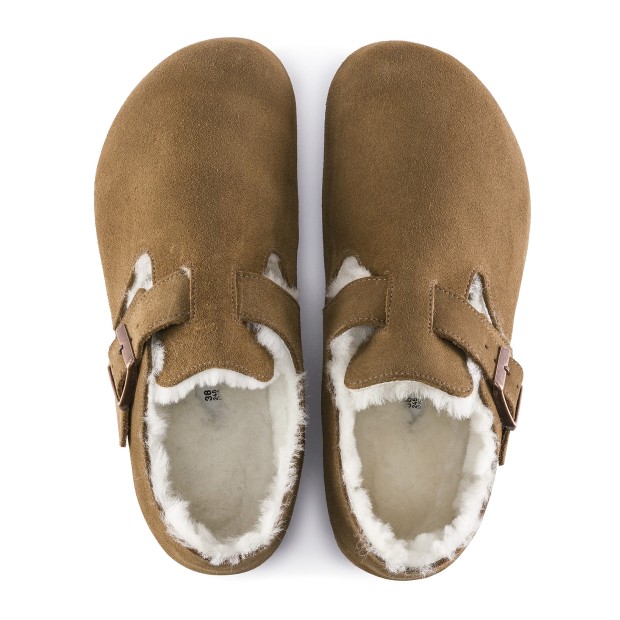 Birkenstock London Shearling Suede Leather Narrow Dark Tea