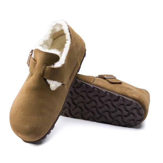 Birkenstock London Shearling Suede Leather Narrow Dark Tea
