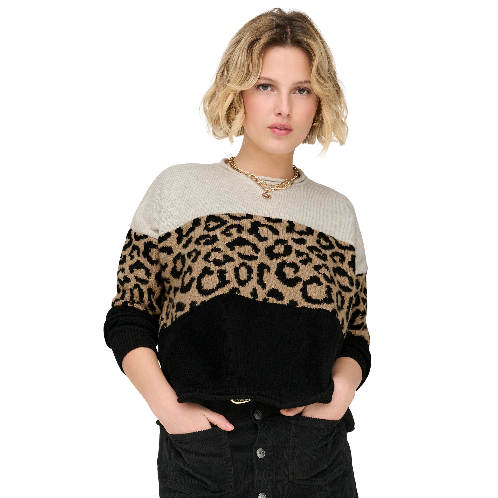 Only Camisola Jade Animal O-neck Knt Moonbeam Black/toasted Coconut