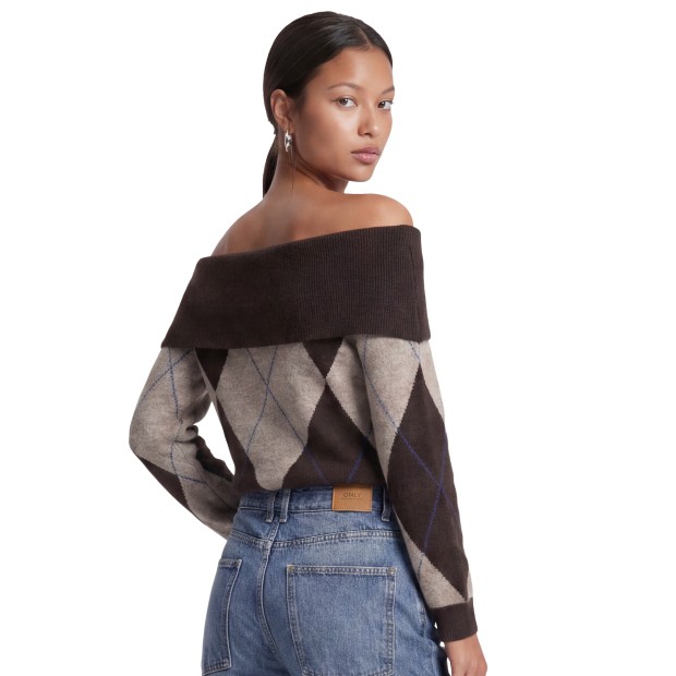 Only Camisola Alivia Off Shoulder Knt Coffee Bean Walnut/surf T Web/mel