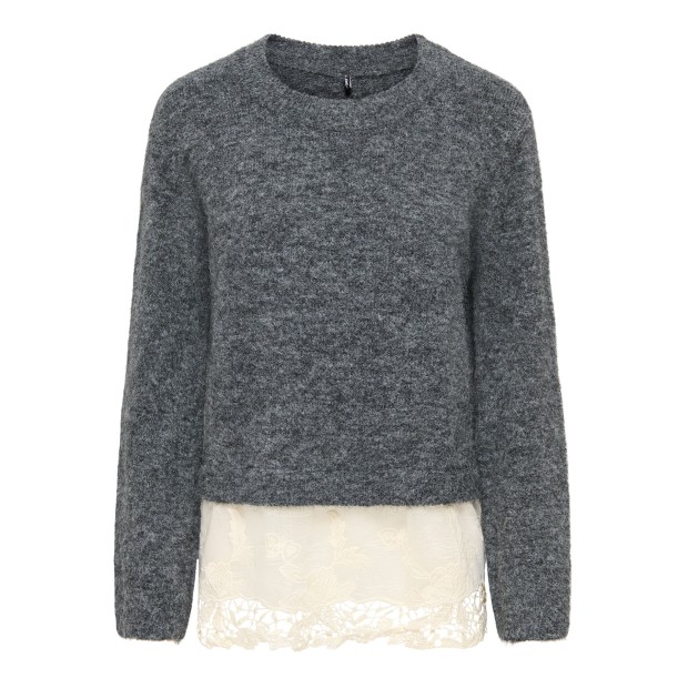 Only Camisola Miggie Lace Mix O-neck Knt Dark Grey Melange Birch Lace