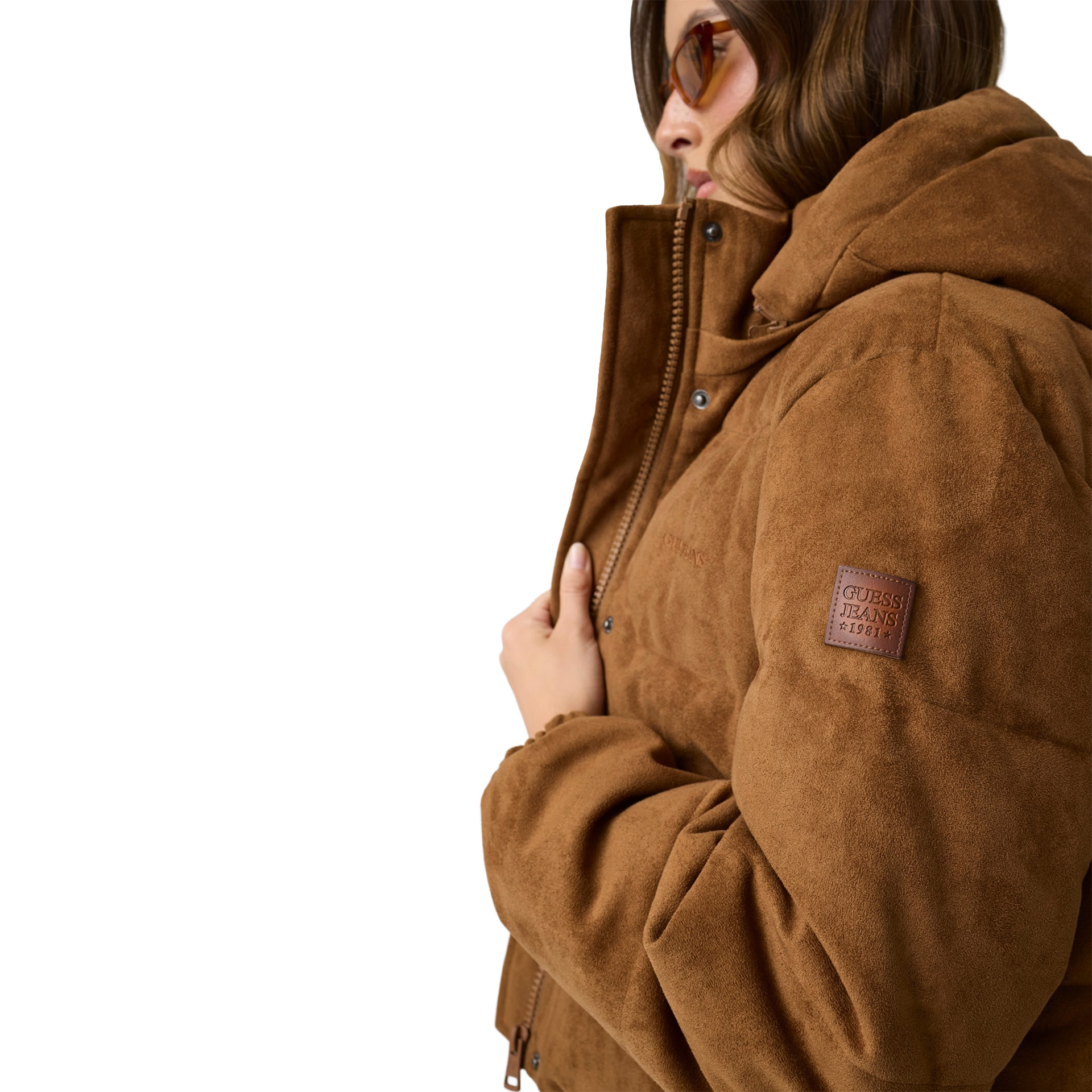 Guess Casaco Faux Suede Cropped Puffer Brown